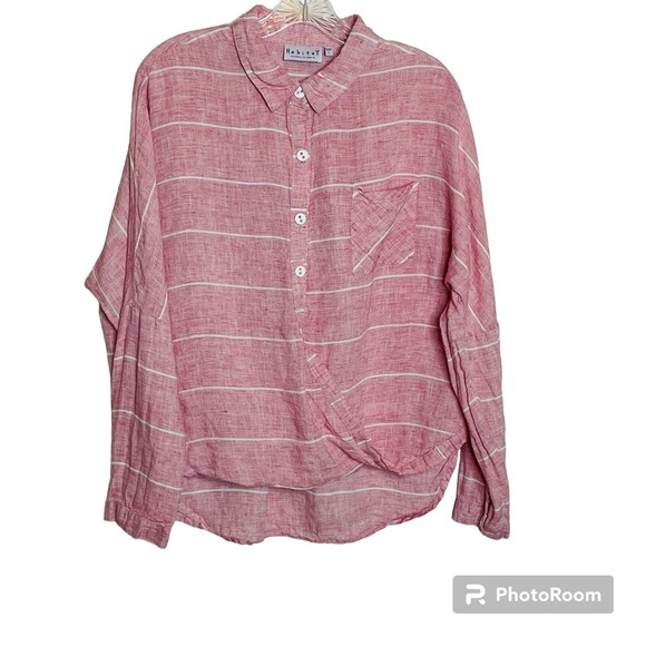 Habitat Lagenlook Faux Wrap Button Down Striped Linen Shirt - Picture 1 of 7